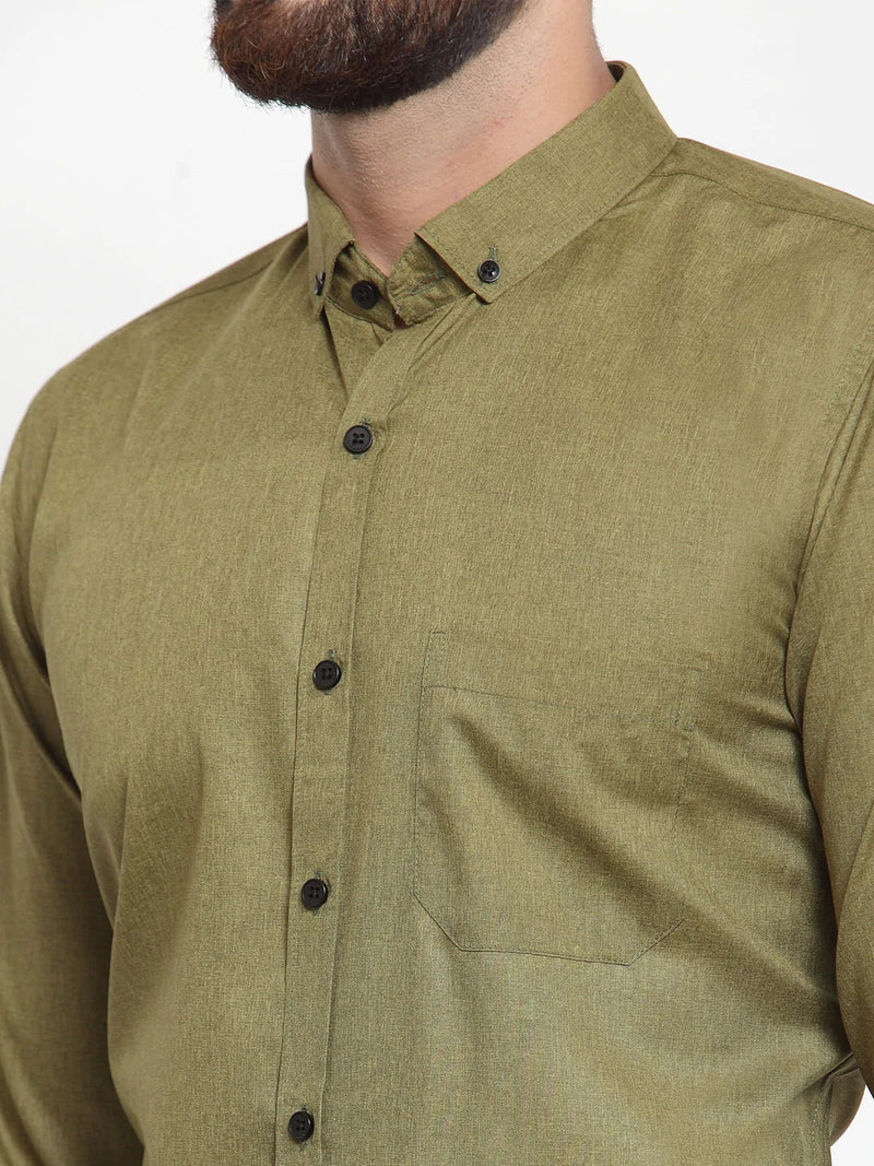 Jainish Olive Men's Cotton Solid Button Down Formal Shirts ( SF 734Olive )