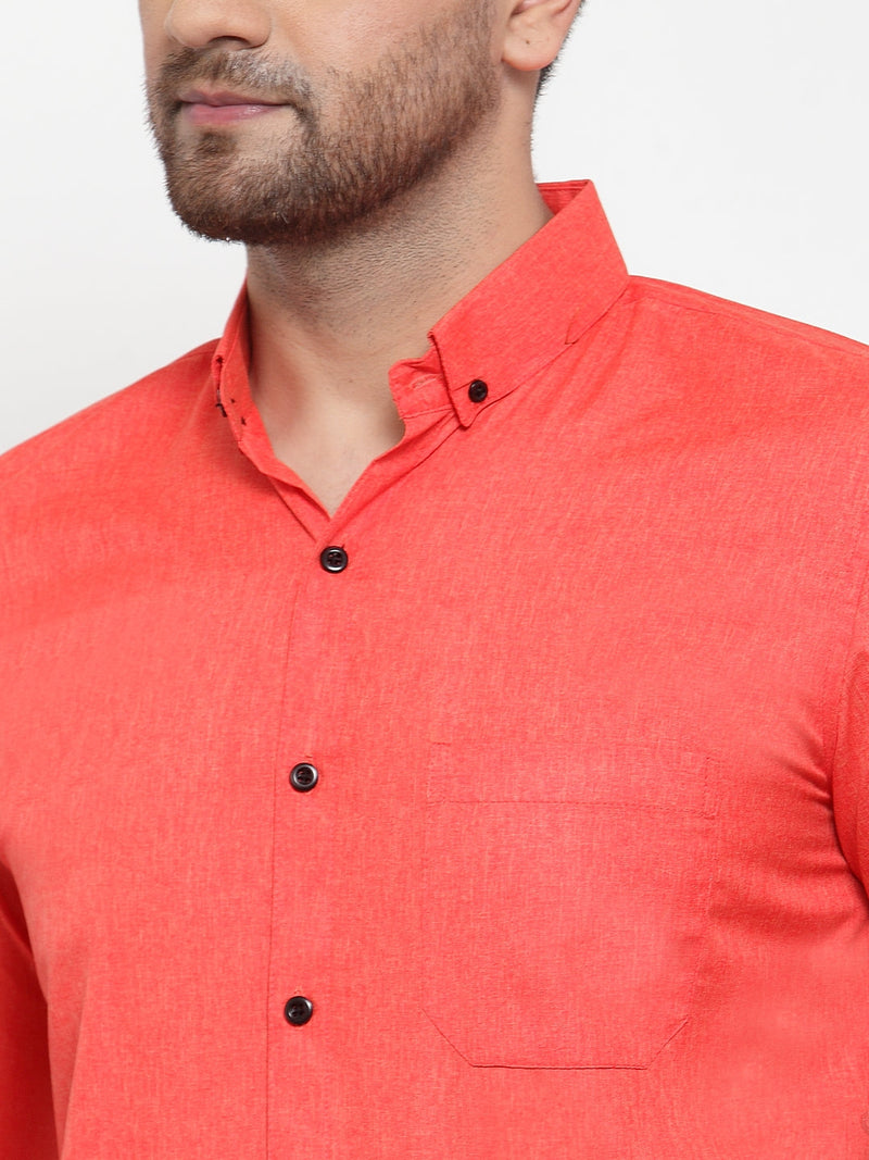 Indian Needle Orange Men's Cotton Solid Button Down Formal Shirts