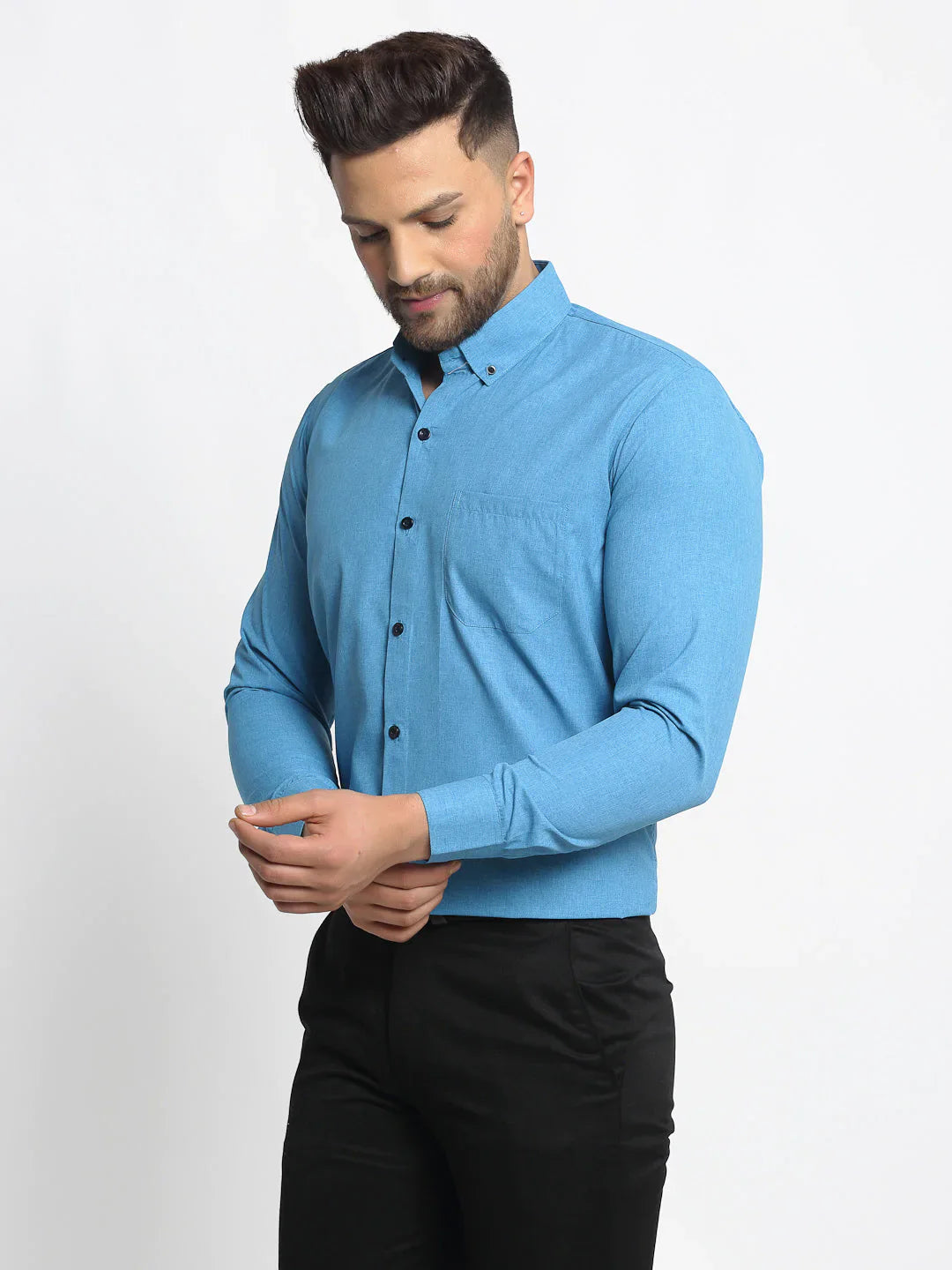 Jainish Blue Men's Cotton Solid Button Down Formal Shirts ( SF 734Sky )
