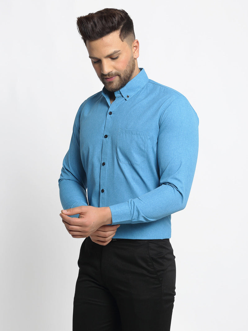 Indian Needle Blue Men's Cotton Solid Button Down Formal Shirts