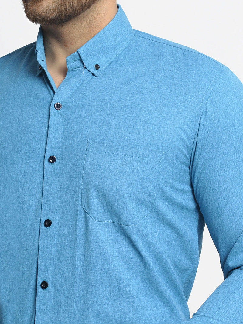 Indian Needle Blue Men's Cotton Solid Button Down Formal Shirts