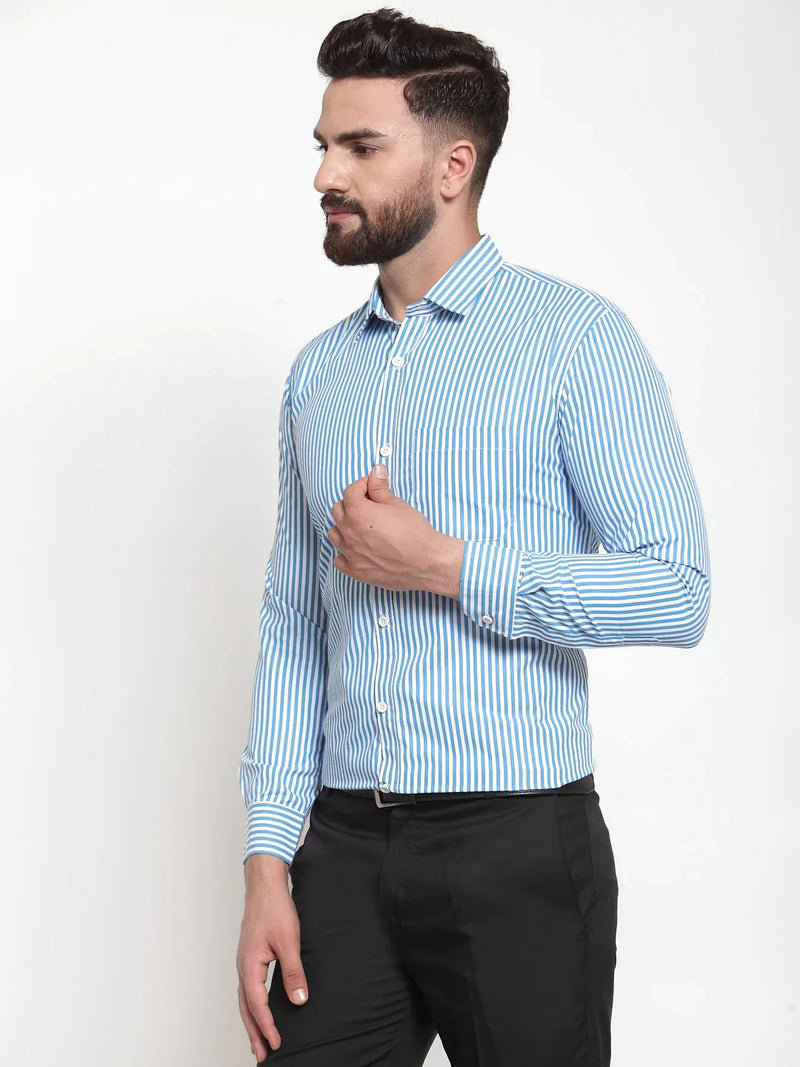 Jainish Blue Men's Cotton Striped Formal Shirts ( SF 735Sky )