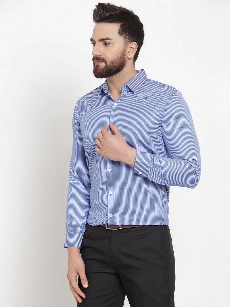 Jainish Blue Men's Cotton Stiped Formal Shirts ( SF 737Blue )