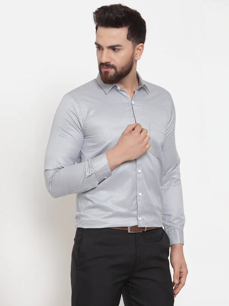 Jainish Grey Men's Cotton Stiped Formal Shirts ( SF 737Grey )