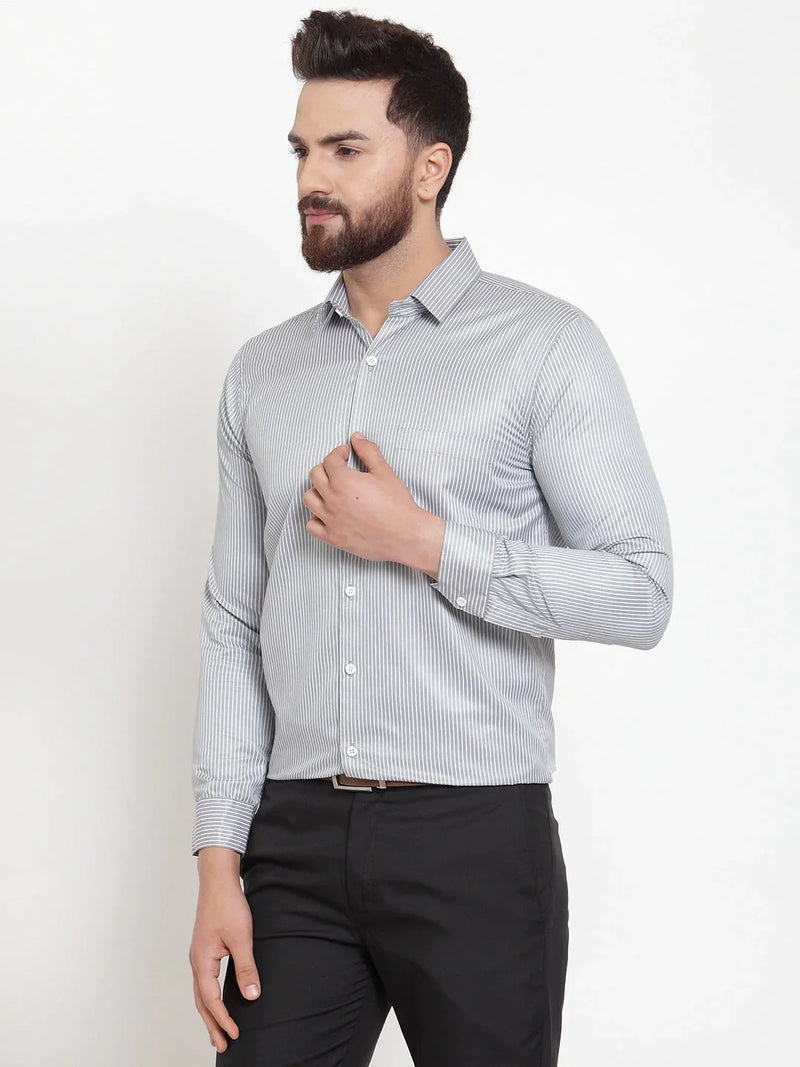 Jainish Grey Men's Cotton Stiped Formal Shirts ( SF 737Grey )