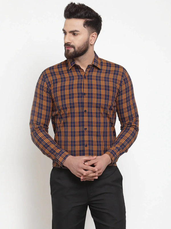 Jainish Multi Men's Cotton Checked Formal Shirts ( SF 741Orange-Blue )