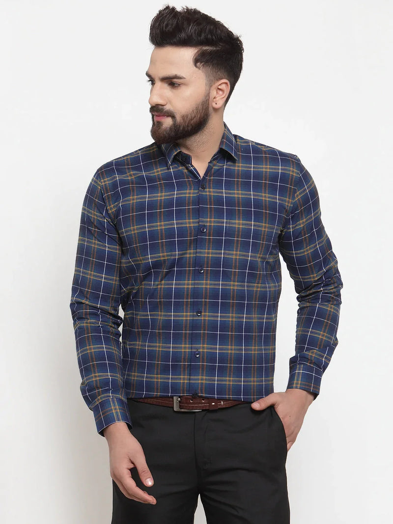 Jainish Blue Men's Cotton Checked Formal Shirts ( SF 741Royal-Blue )