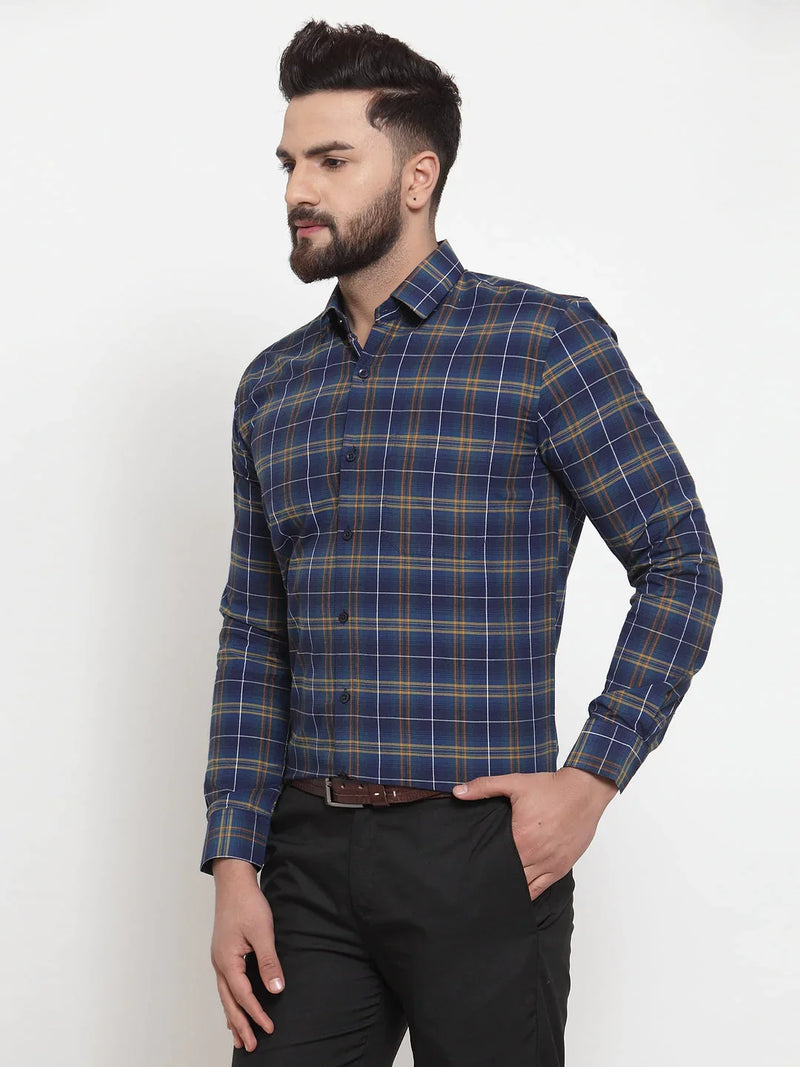 Jainish Blue Men's Cotton Checked Formal Shirts ( SF 741Royal-Blue )