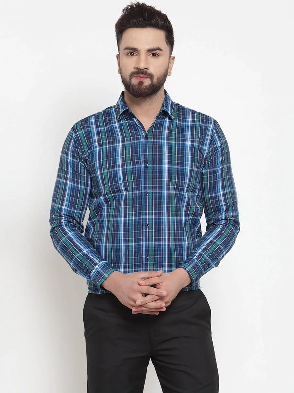 Jainish Blue Men's Cotton Checked Formal Shirts ( SF 741Sky-Blue )