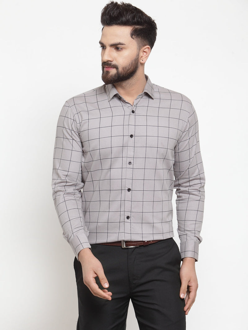 Indian Needle Grey Men's Cotton Checked Formal Shirts