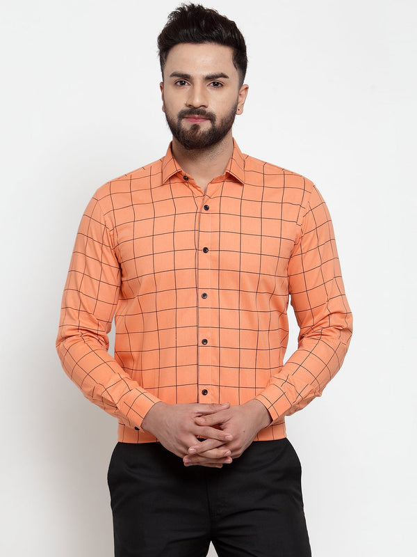 Indian Needle Orange Men's Cotton Checked Formal Shirts