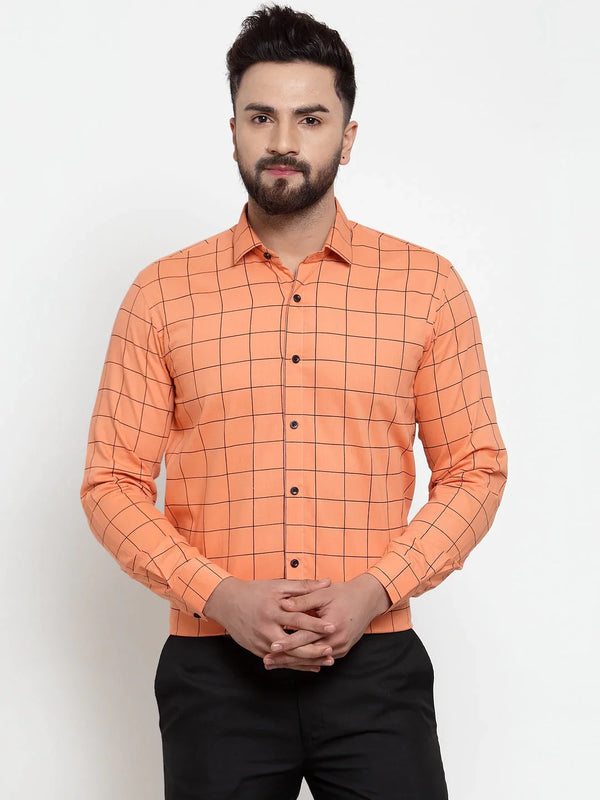 Jainish Orange Men's Cotton Checked Formal Shirts ( SF 742Orange )