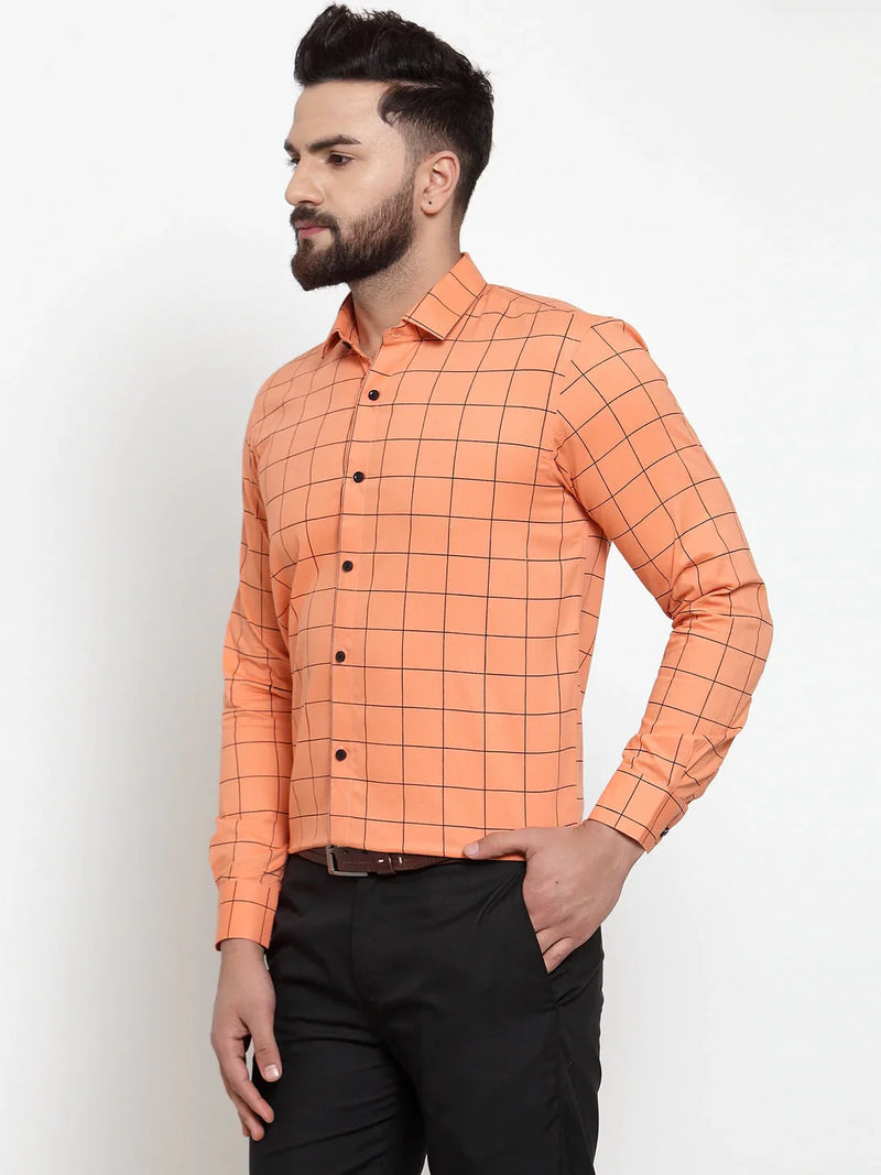 Jainish Orange Men's Cotton Checked Formal Shirts ( SF 742Orange )