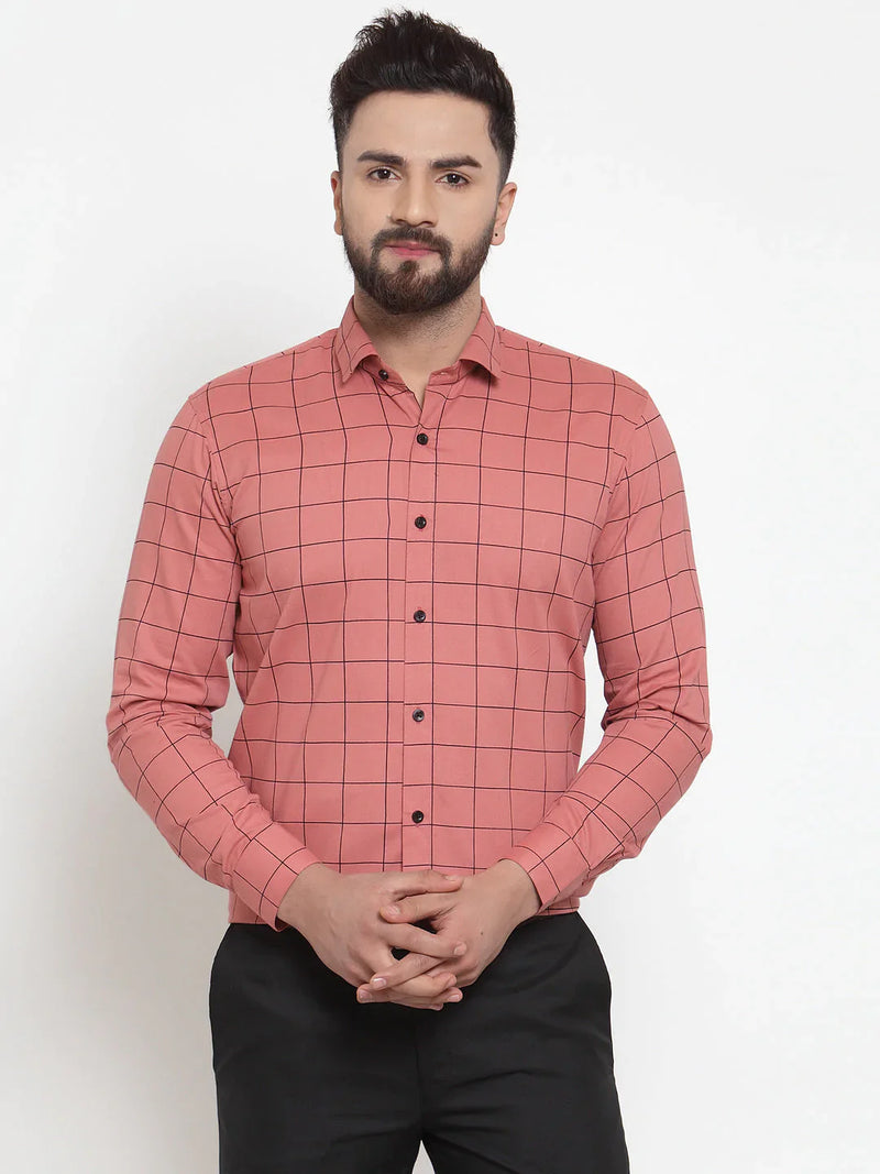 Jainish Peach Men's Cotton Checked Formal Shirts ( SF 742Peach )