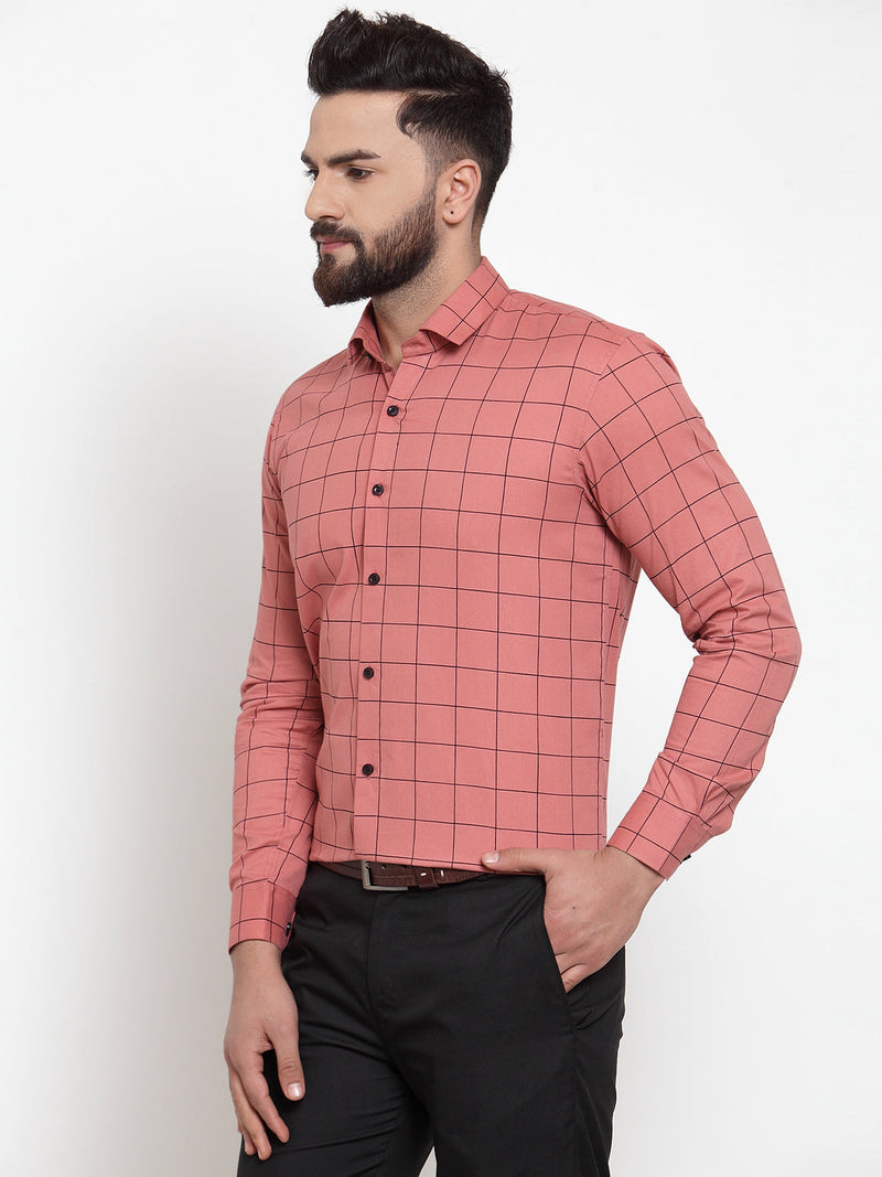 Indian Needle Peach Men's Cotton Checked Formal Shirts