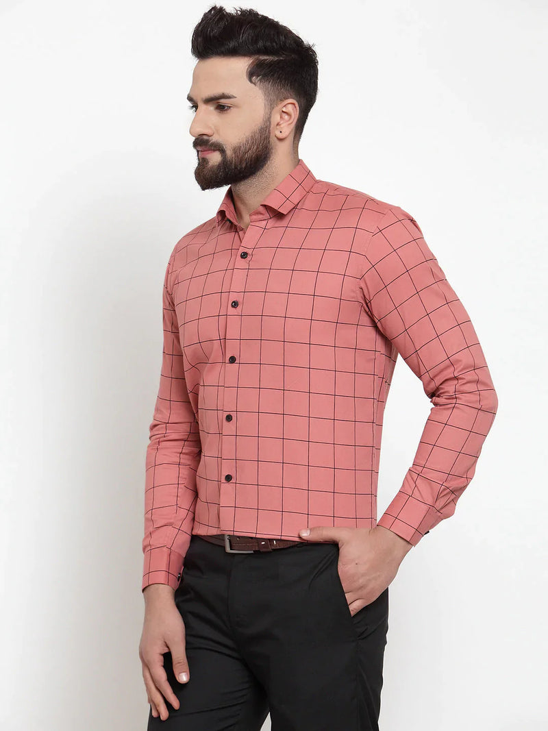 Jainish Peach Men's Cotton Checked Formal Shirts ( SF 742Peach )