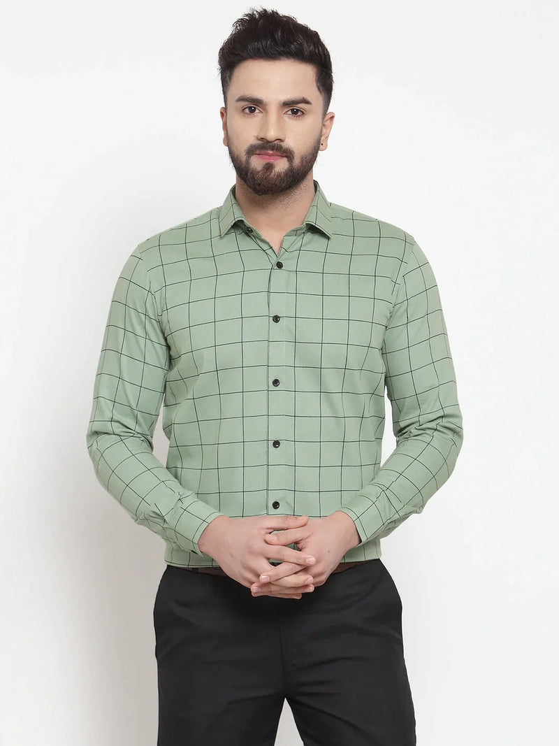 Jainish Green Men's Cotton Checked Formal Shirts ( SF 742Pista )