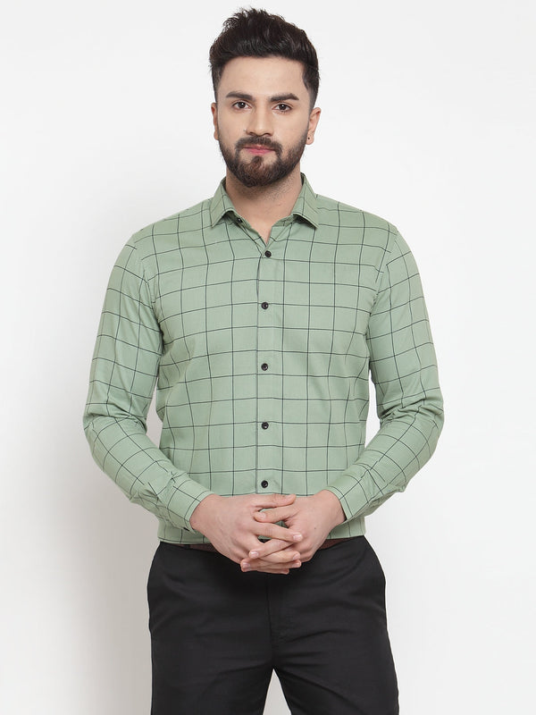 Indian Needle Green Men's Cotton Checked Formal Shirts