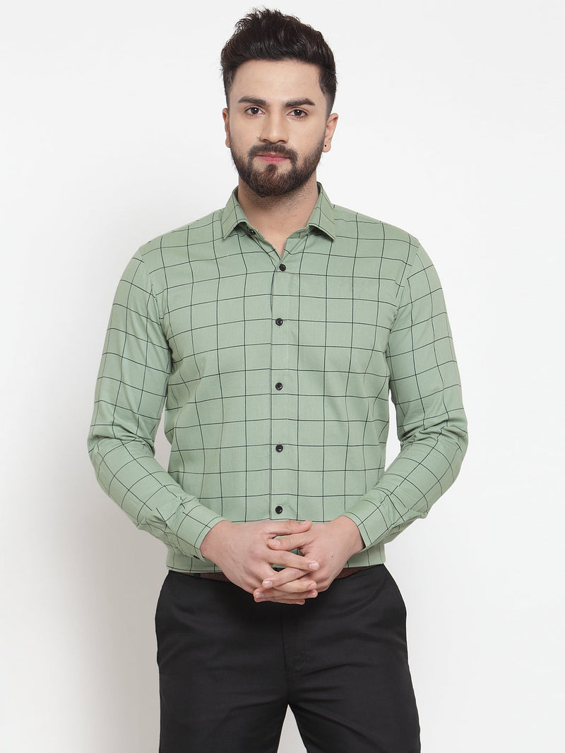 Indian Needle Green Men's Cotton Checked Formal Shirts