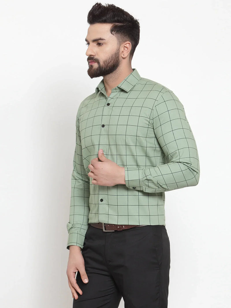 Jainish Green Men's Cotton Checked Formal Shirts ( SF 742Pista )