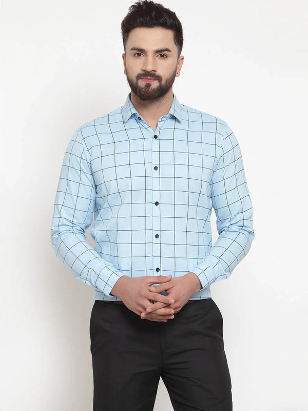 Jainish Blue Men's Cotton Checked Formal Shirts ( SF 742Sky )