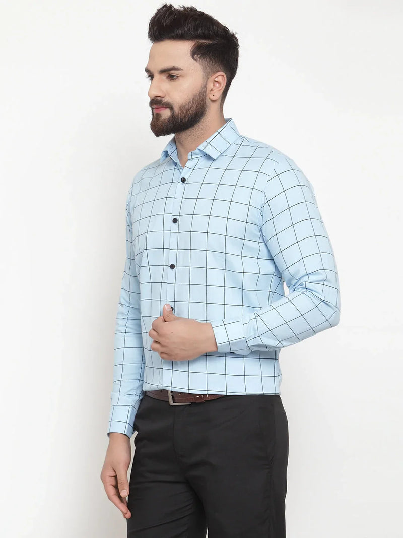 Jainish Blue Men's Cotton Checked Formal Shirts ( SF 742Sky )