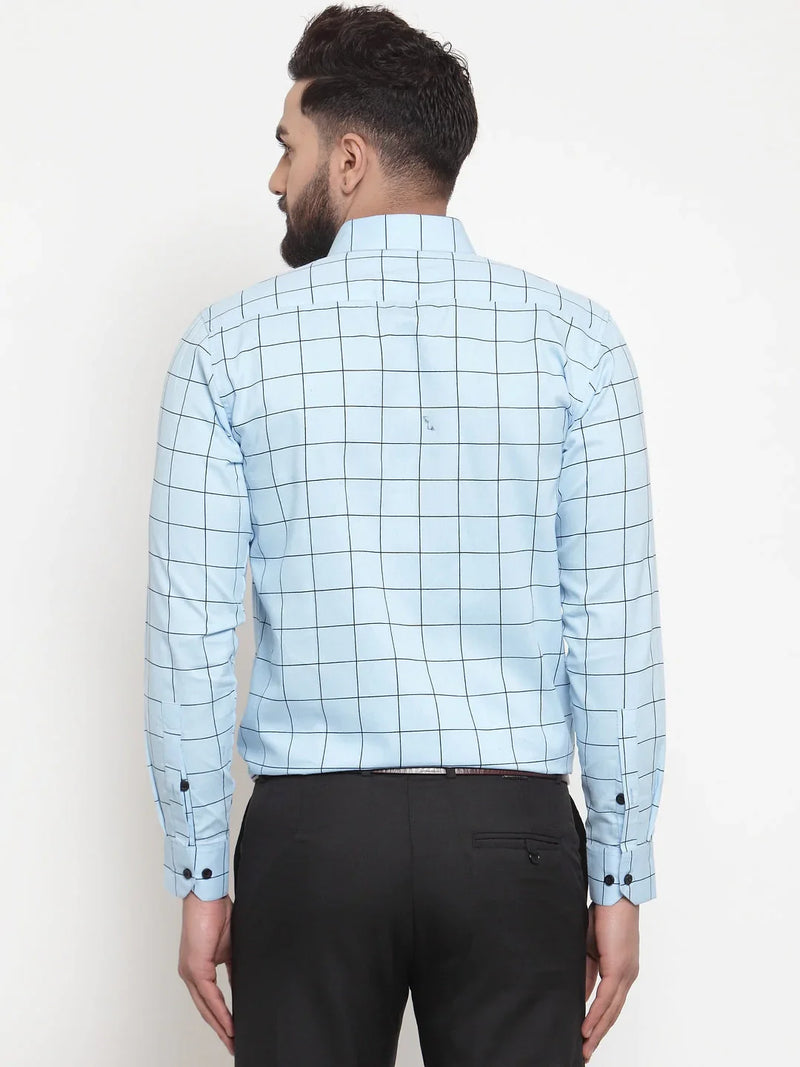 Jainish Blue Men's Cotton Checked Formal Shirts ( SF 742Sky )