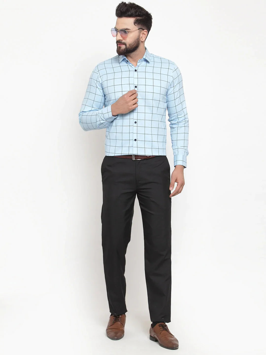 Jainish Blue Men's Cotton Checked Formal Shirts ( SF 742Sky )