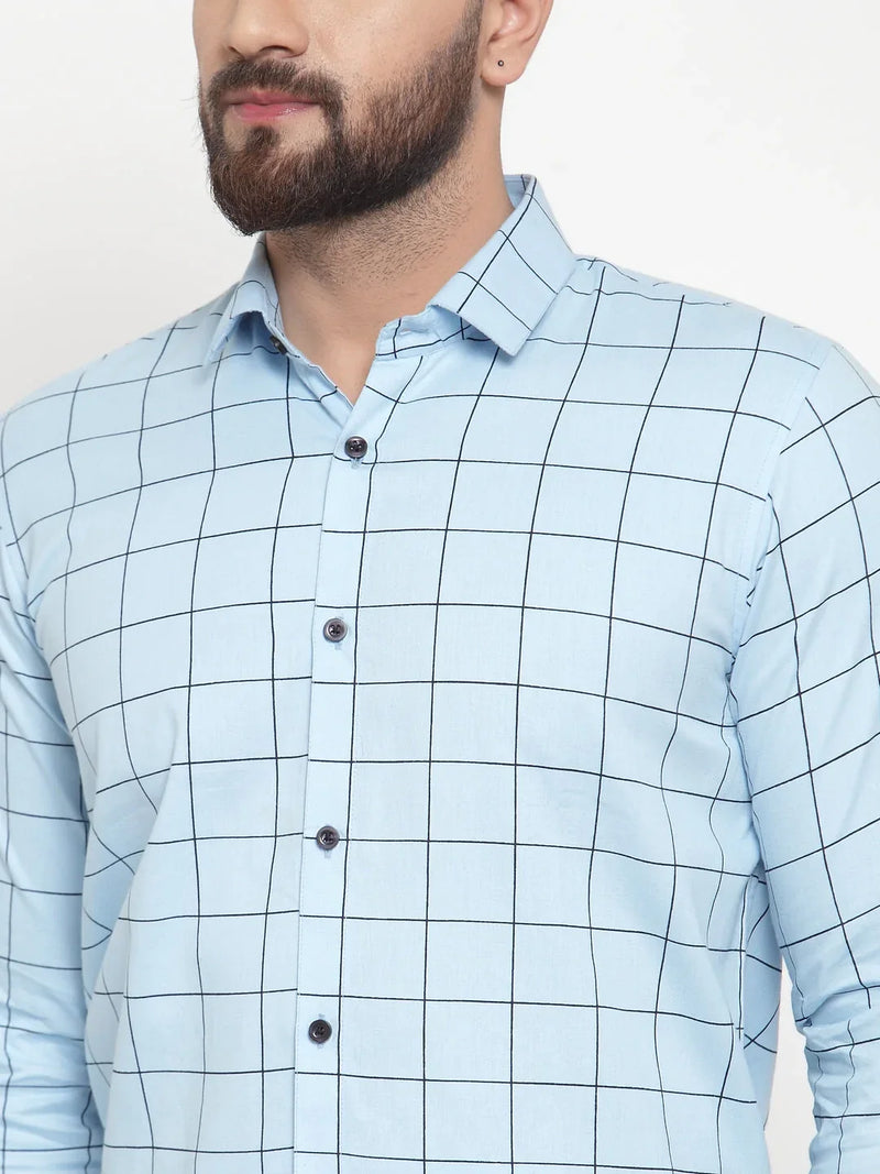 Jainish Blue Men's Cotton Checked Formal Shirts ( SF 742Sky )