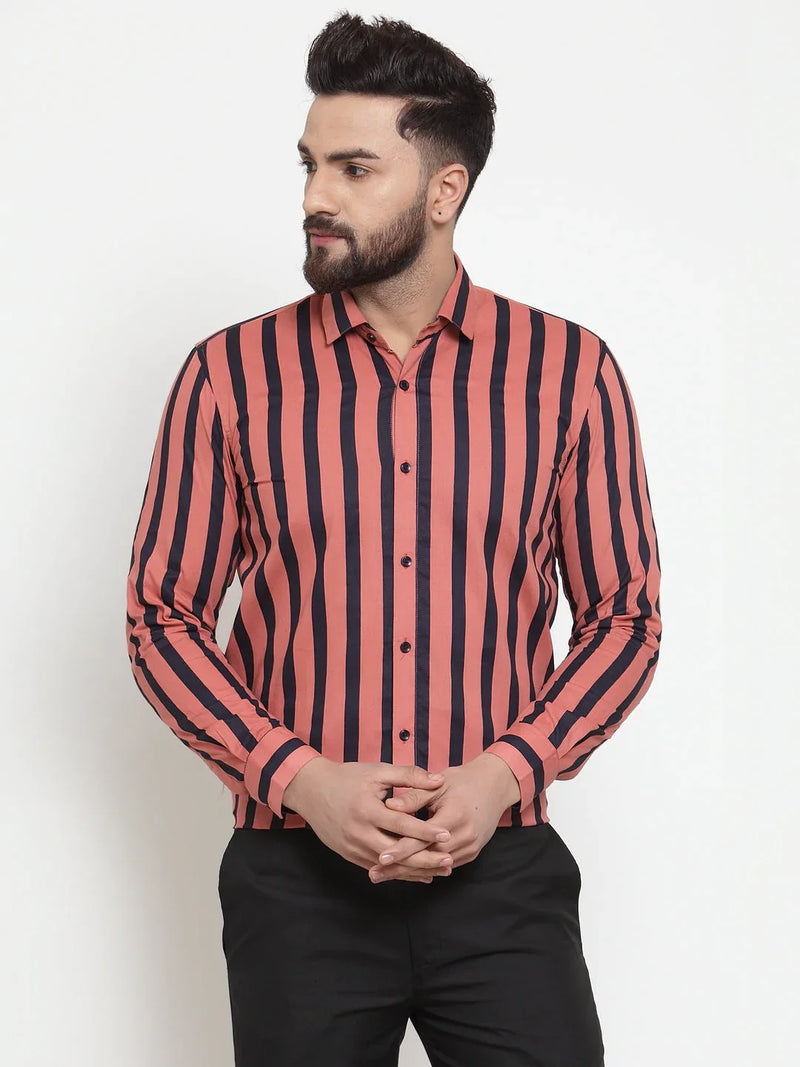 Jainish Red Men's Cotton Striped Formal Shirts ( SF 744Coral )