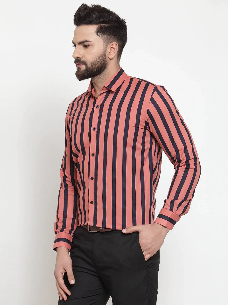 Jainish Red Men's Cotton Striped Formal Shirts ( SF 744Coral )