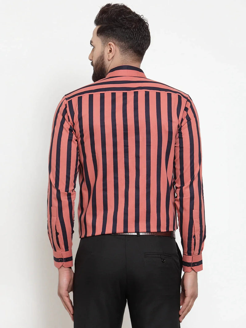 Jainish Red Men's Cotton Striped Formal Shirts ( SF 744Coral )