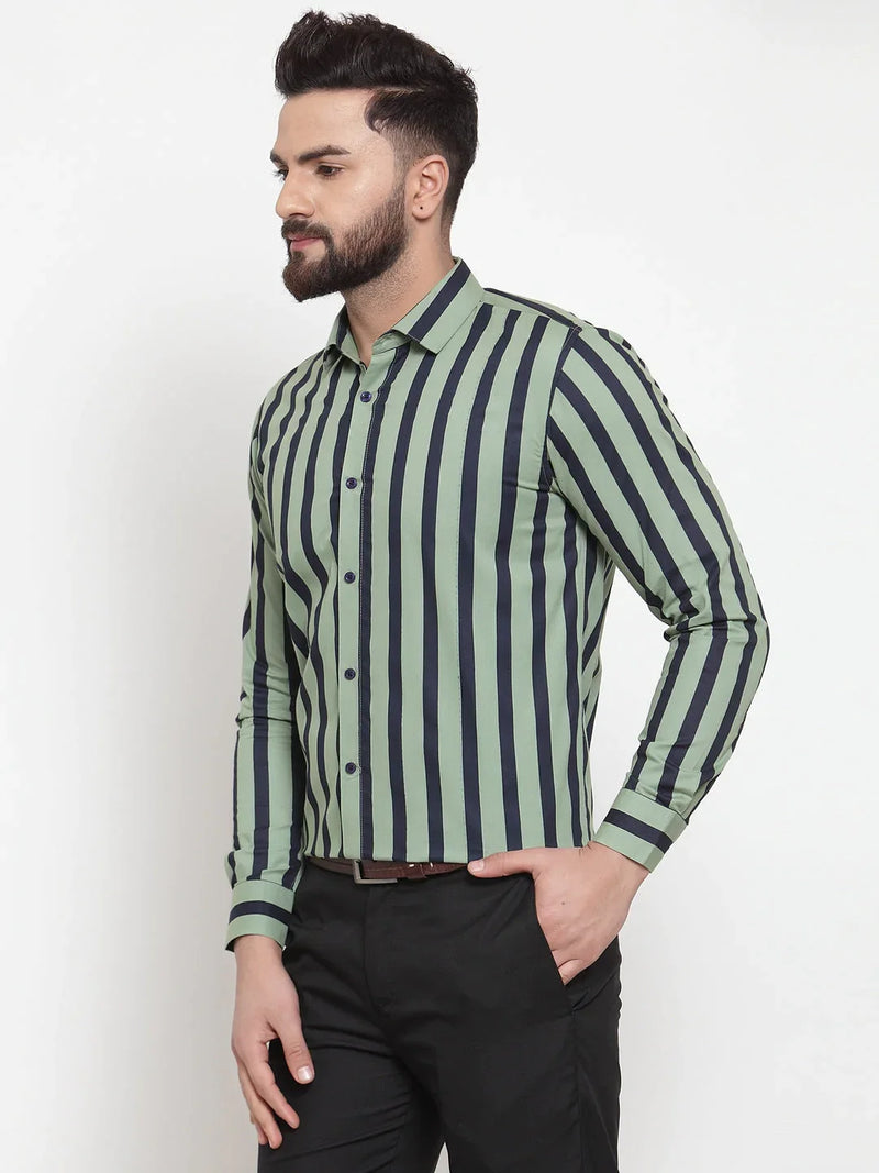 Jainish Green Men's Cotton Striped Formal Shirts ( SF 744Green )