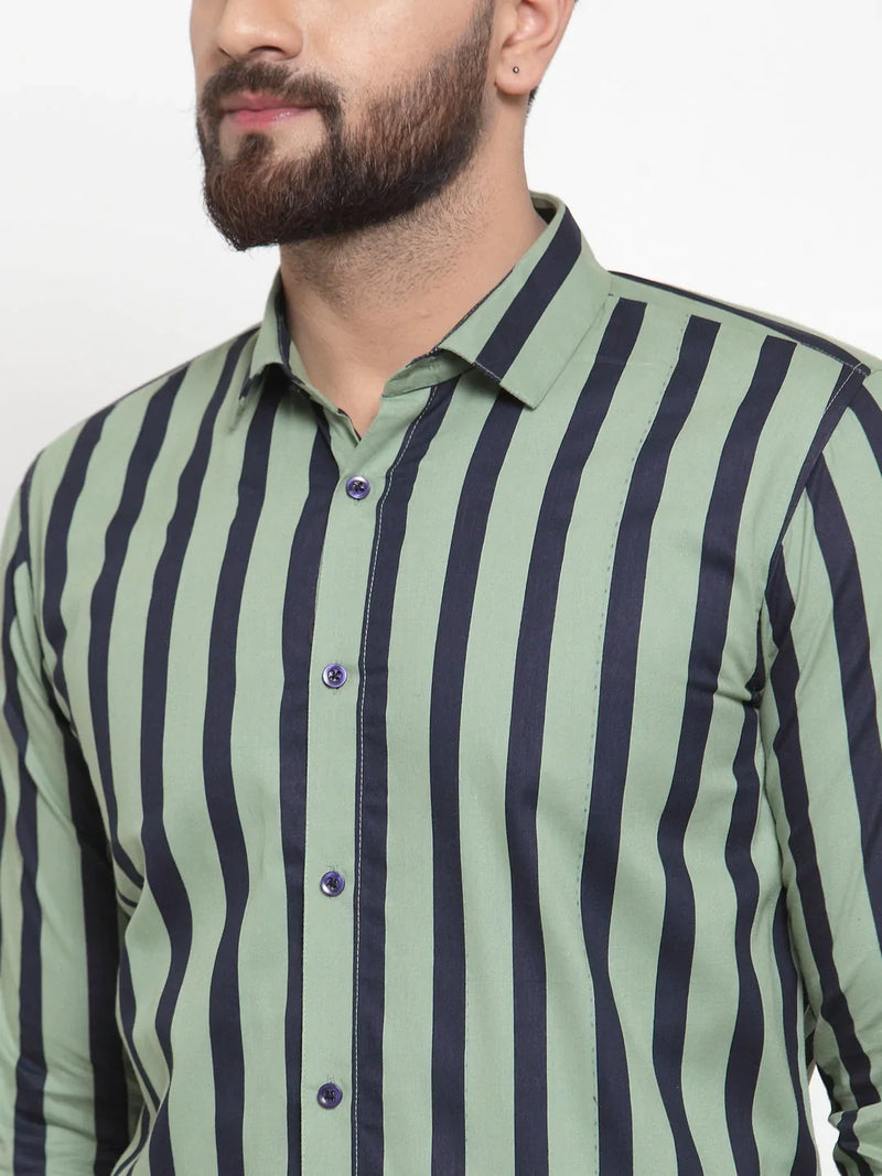 Jainish Green Men's Cotton Striped Formal Shirts ( SF 744Green )