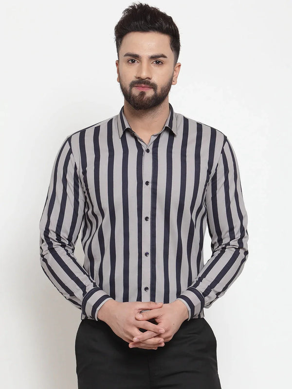 Jainish Grey Men's Cotton Striped Formal Shirts ( SF 744Grey )