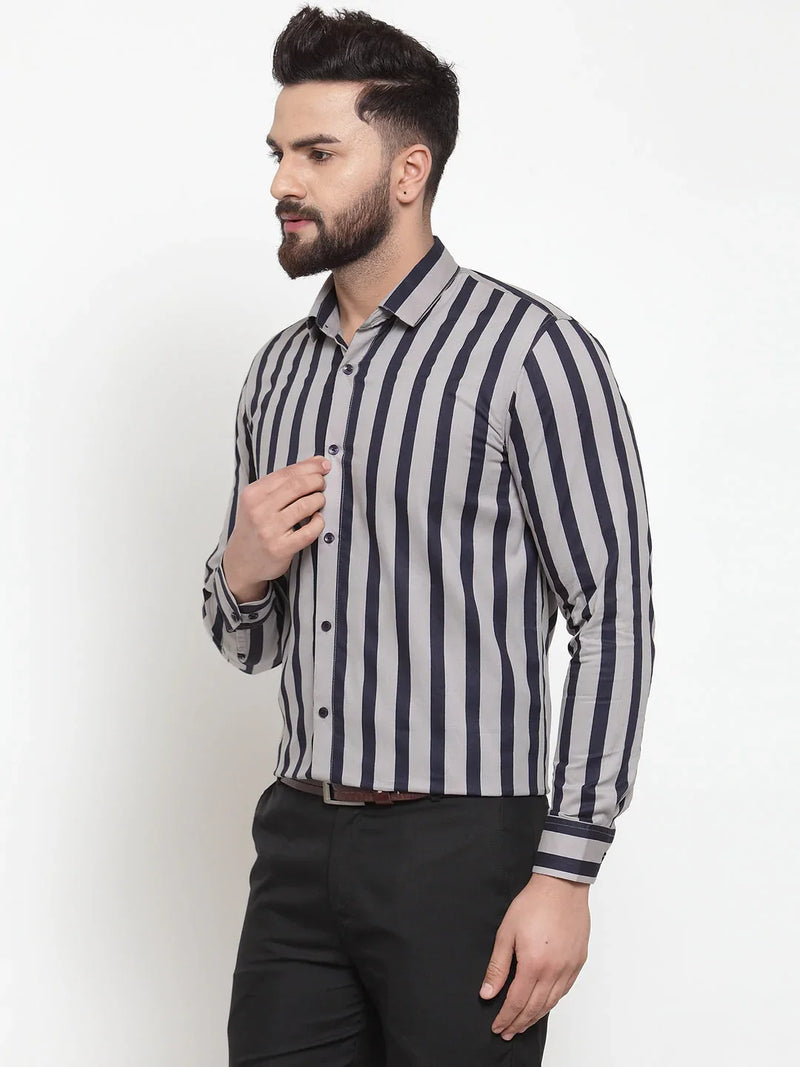 Jainish Grey Men's Cotton Striped Formal Shirts ( SF 744Grey )