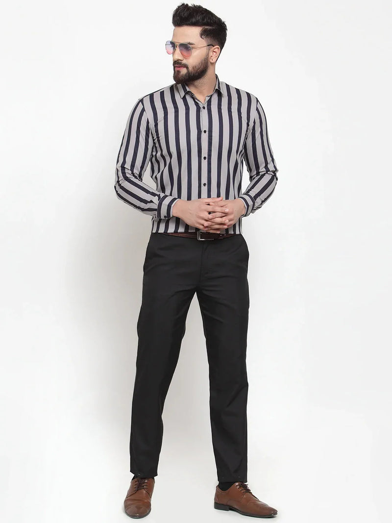 Jainish Grey Men's Cotton Striped Formal Shirts ( SF 744Grey )