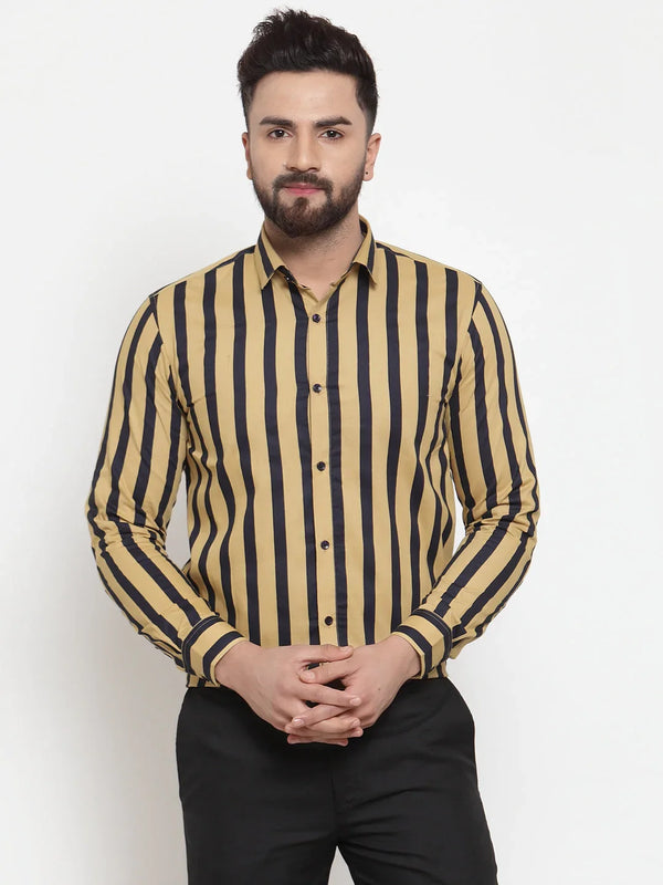 Jainish Yellow Men's Cotton Striped Formal Shirts ( SF 744Mustard )