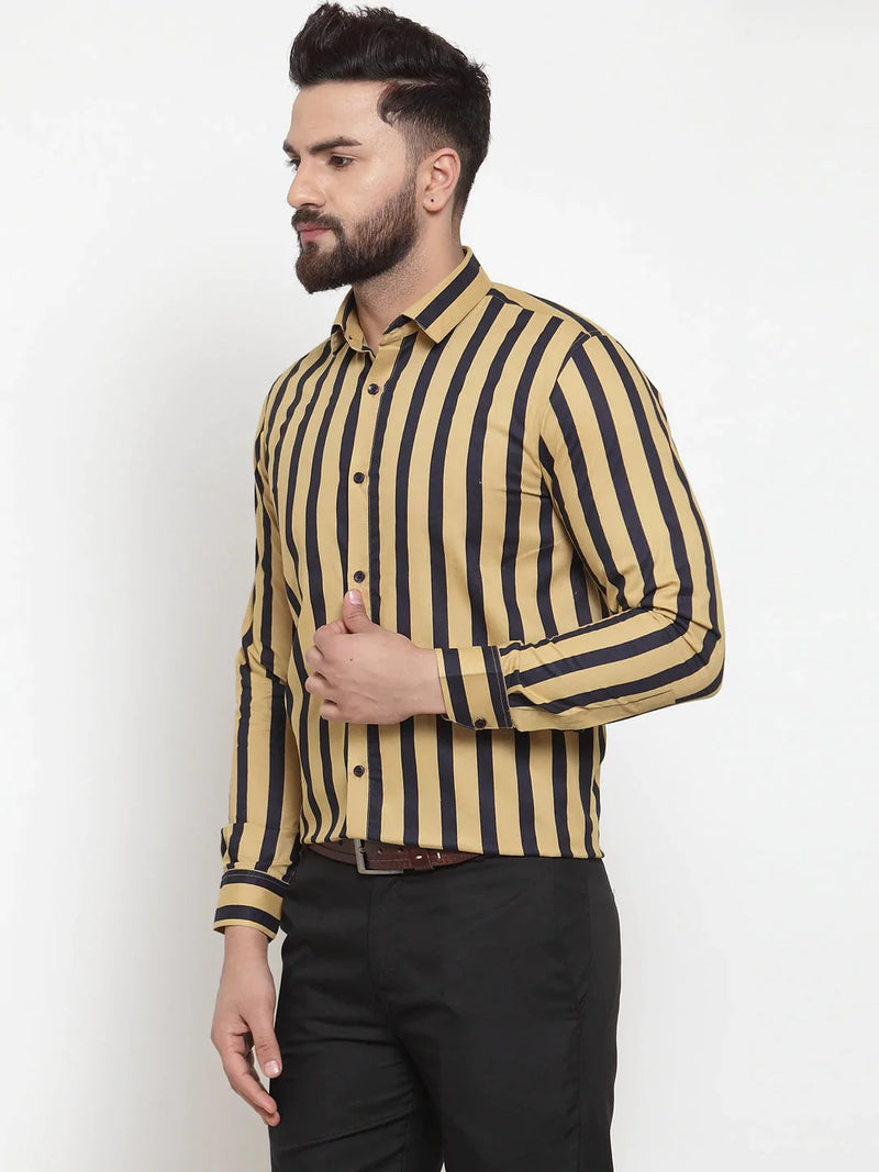 Jainish Yellow Men's Cotton Striped Formal Shirts ( SF 744Mustard )