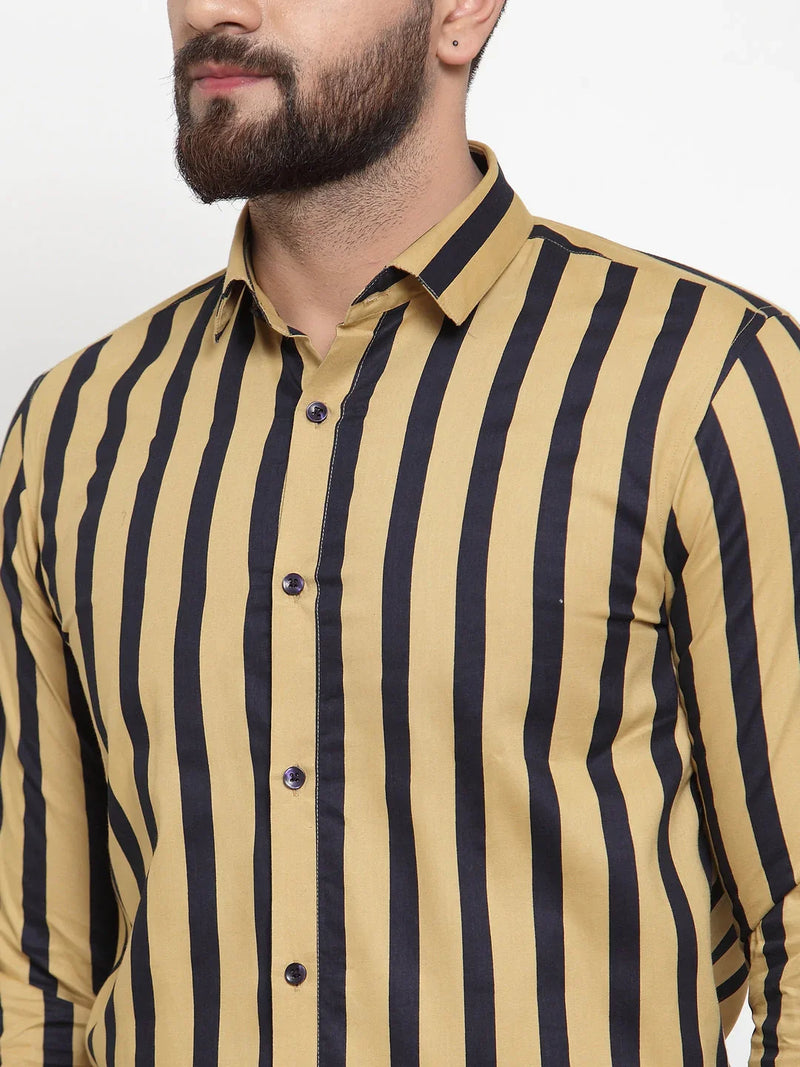 Jainish Yellow Men's Cotton Striped Formal Shirts ( SF 744Mustard )