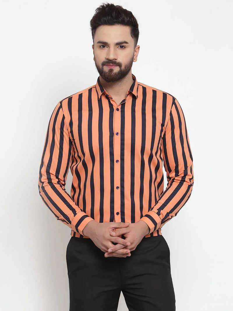 Jainish Orange Men's Cotton Striped Formal Shirts ( SF 744Orange )