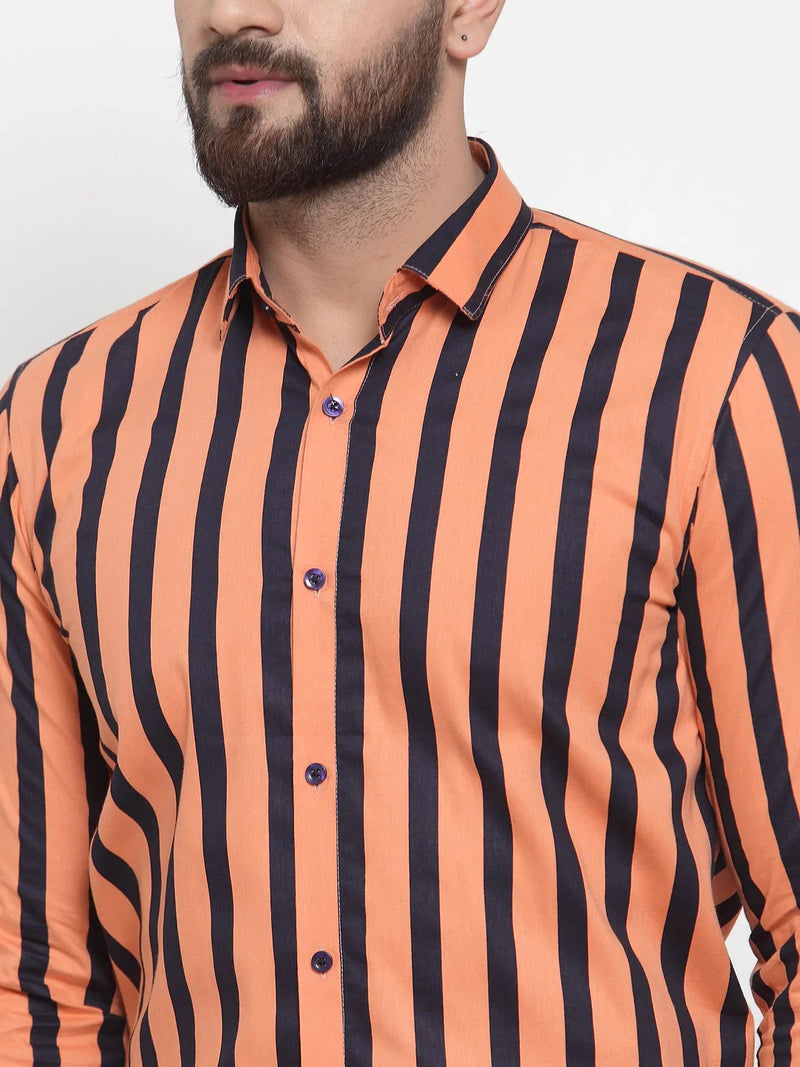 Jainish Orange Men's Cotton Striped Formal Shirts ( SF 744Orange )