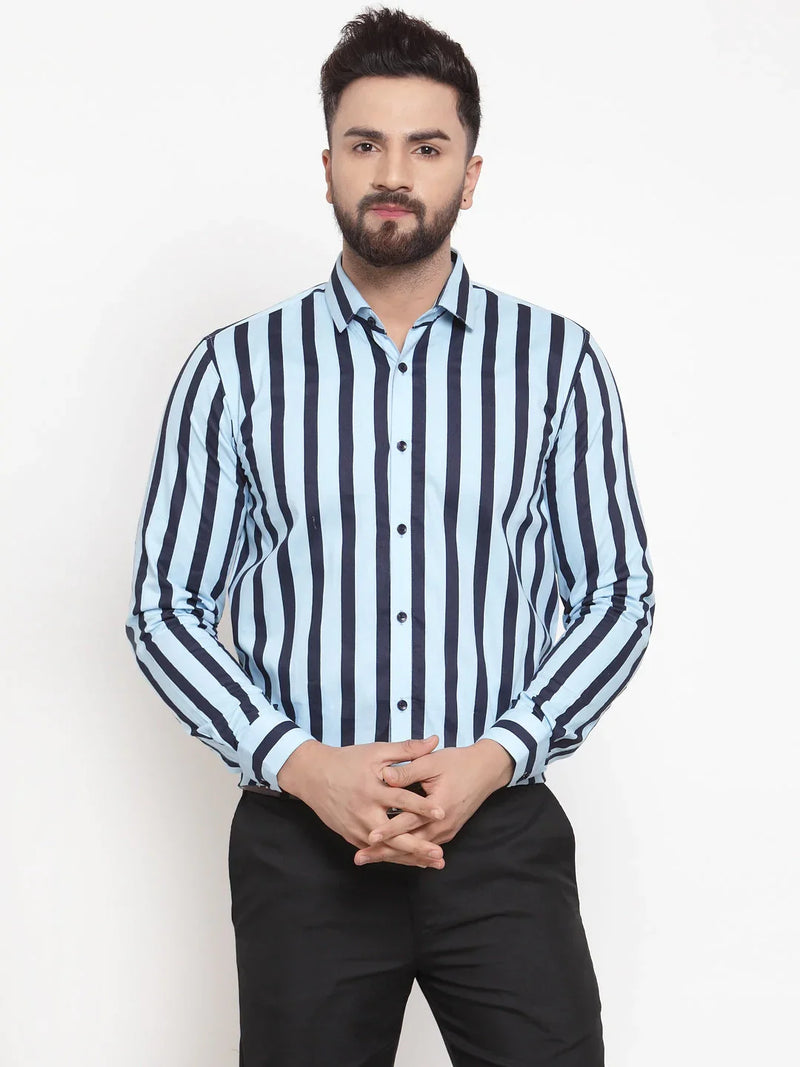 Jainish Blue Men's Cotton Striped Formal Shirts ( SF 744Sky )