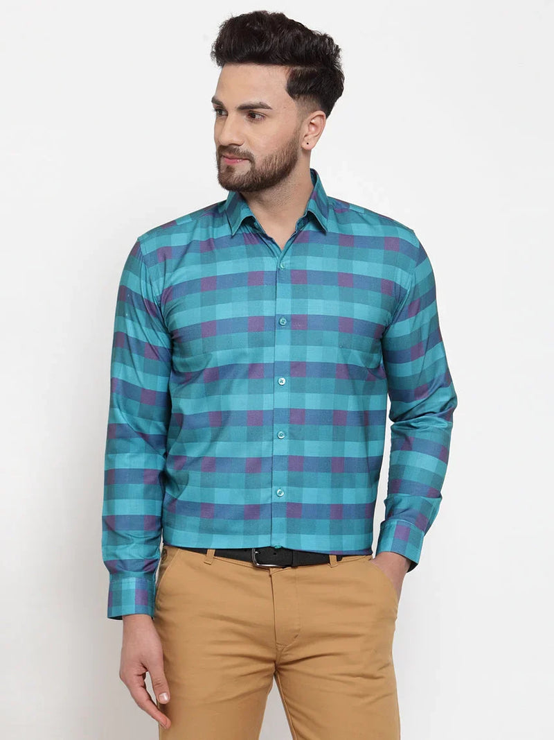 Jainish Blue Men's Cotton Checked Formal Shirt's ( SF 746Sky )