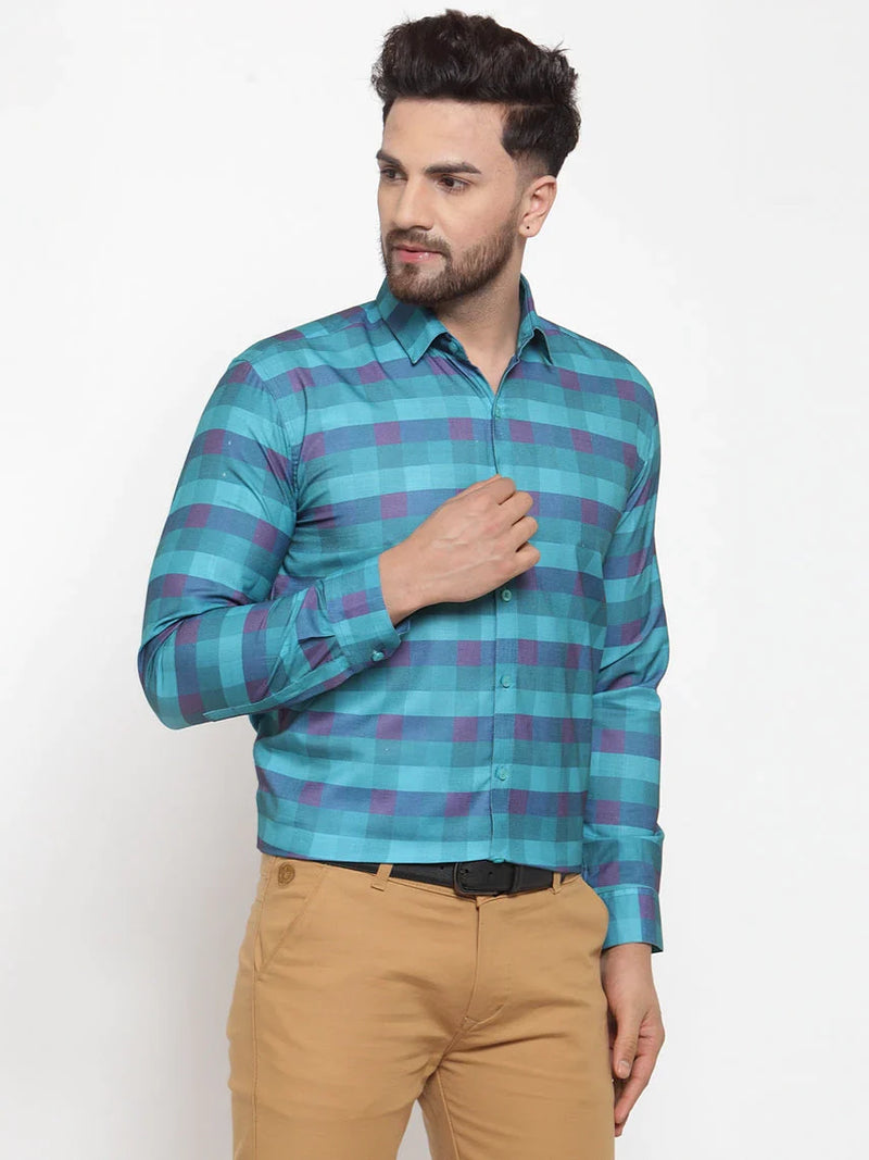 Jainish Blue Men's Cotton Checked Formal Shirt's ( SF 746Sky )