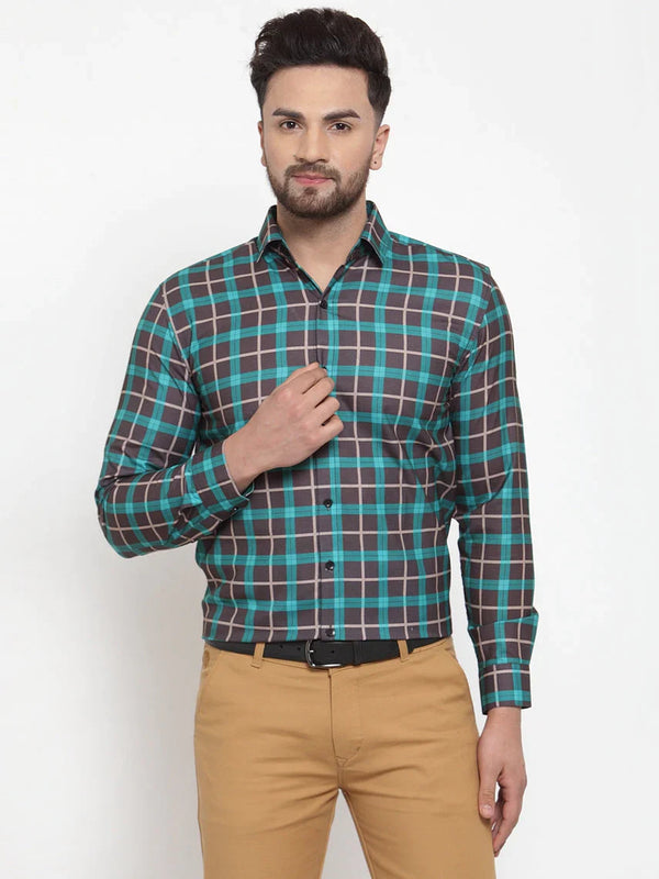 Jainish Green Men's Cotton Checked Formal Shirt's ( SF 749Green-Black )