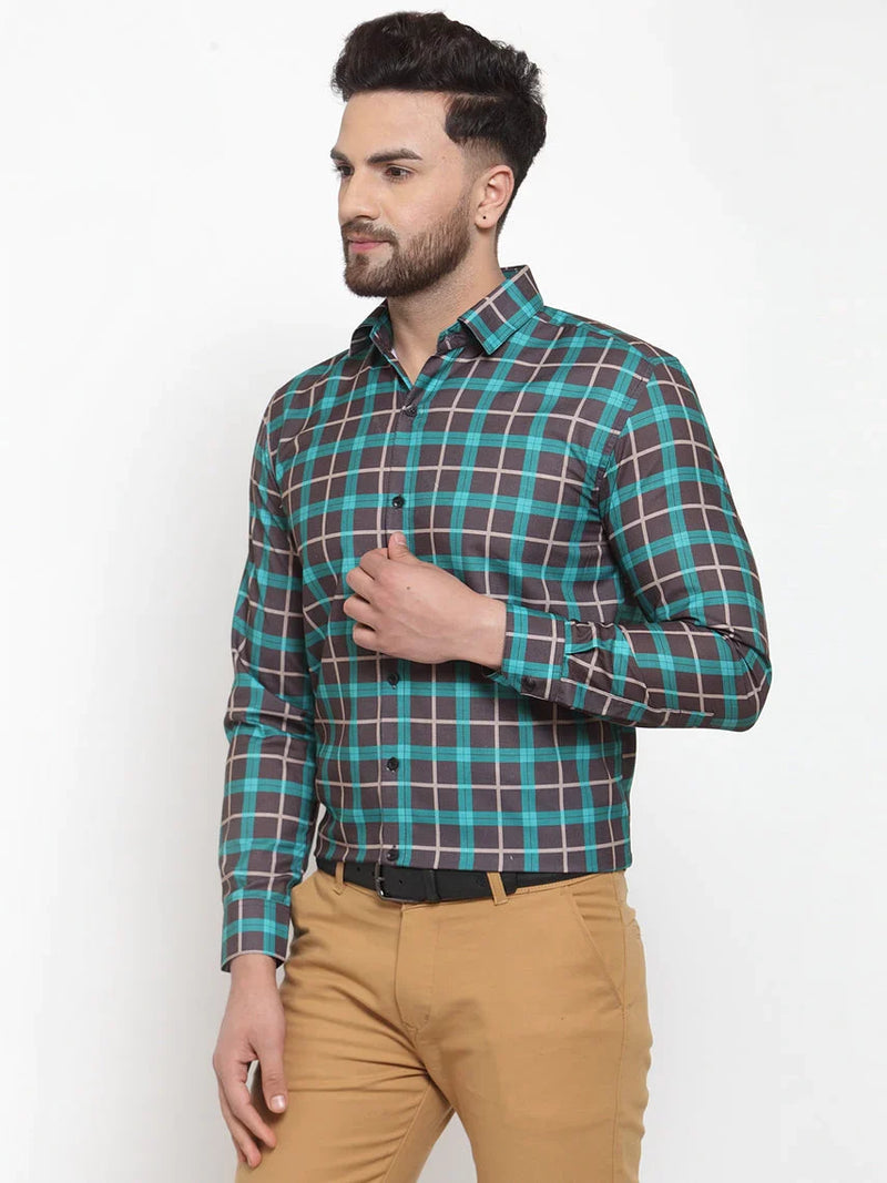 Jainish Green Men's Cotton Checked Formal Shirt's ( SF 749Green-Black )