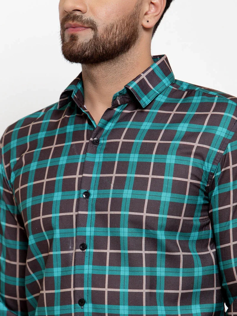 Jainish Green Men's Cotton Checked Formal Shirt's ( SF 749Green-Black )