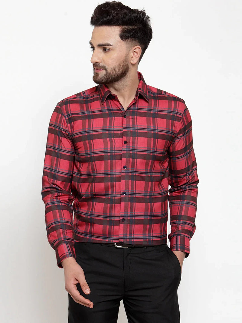 Jainish Red Men's Cotton Checked Formal Shirt's ( SF 750Red )