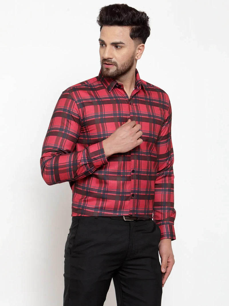 Jainish Red Men's Cotton Checked Formal Shirt's ( SF 750Red )